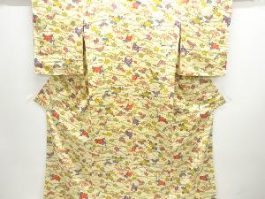 アンティーク　型染　草花に蝶模様上代紬着物